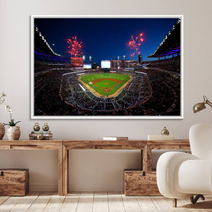 Truist Park wall art: fireworks over a Braves crowd, a large 3-panel canvas, framed and ready-to-hang.