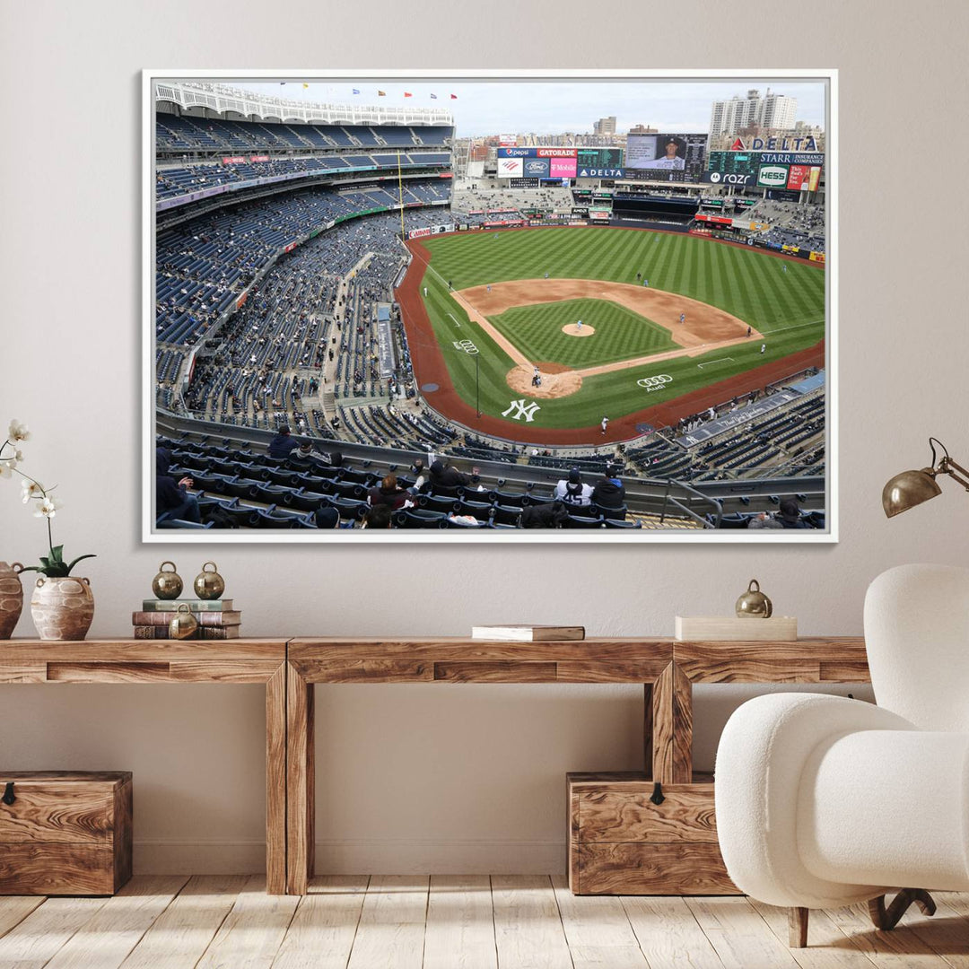 Aerial view of Yankee Stadium filled with fans, showcased on a New York Yankees Stadium Wall Art Canvas Print.