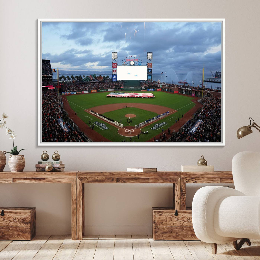 This framed 3-panel canvas MLB wall art features a giant flag and fans under a cloudy sky at Oracle Park.