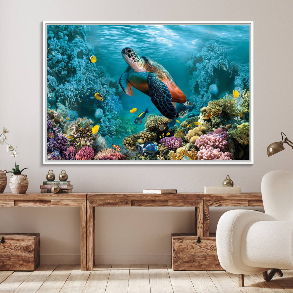 The room features the Sea Turtle and Coral Reef Triptych Wall Art, a vibrant ocean canvas set.