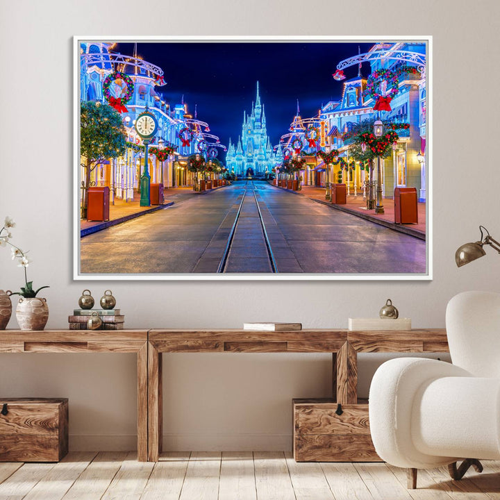 Disney wall art featuring a fantasy castle street at night.