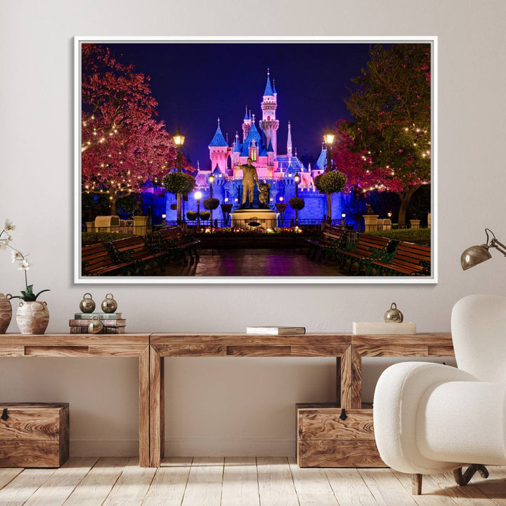 The Castle Large Wall Art is surrounded by illuminated trees at night.