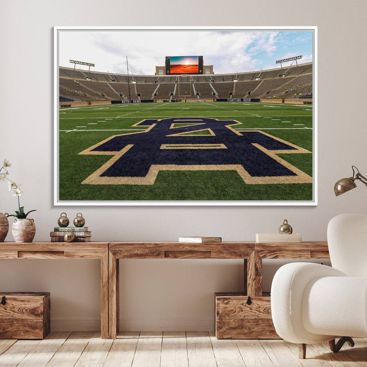 Notre Dame Stadium Triptych: This ready-to-hang giclee canvas print features a vibrant depiction of the football field adorned with an A logo and a stunning sunset.