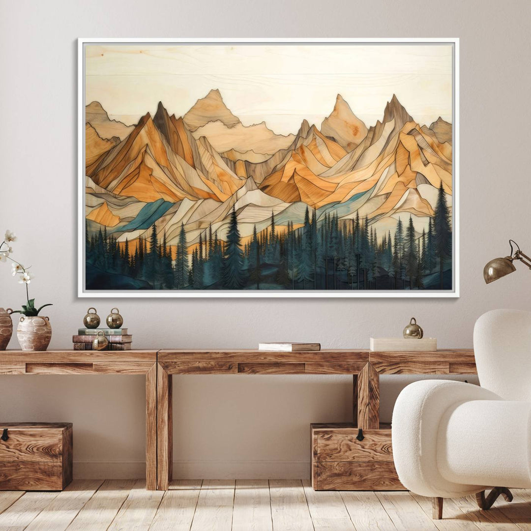 A triptych giclee print of mountains decorates the wall above the counter.