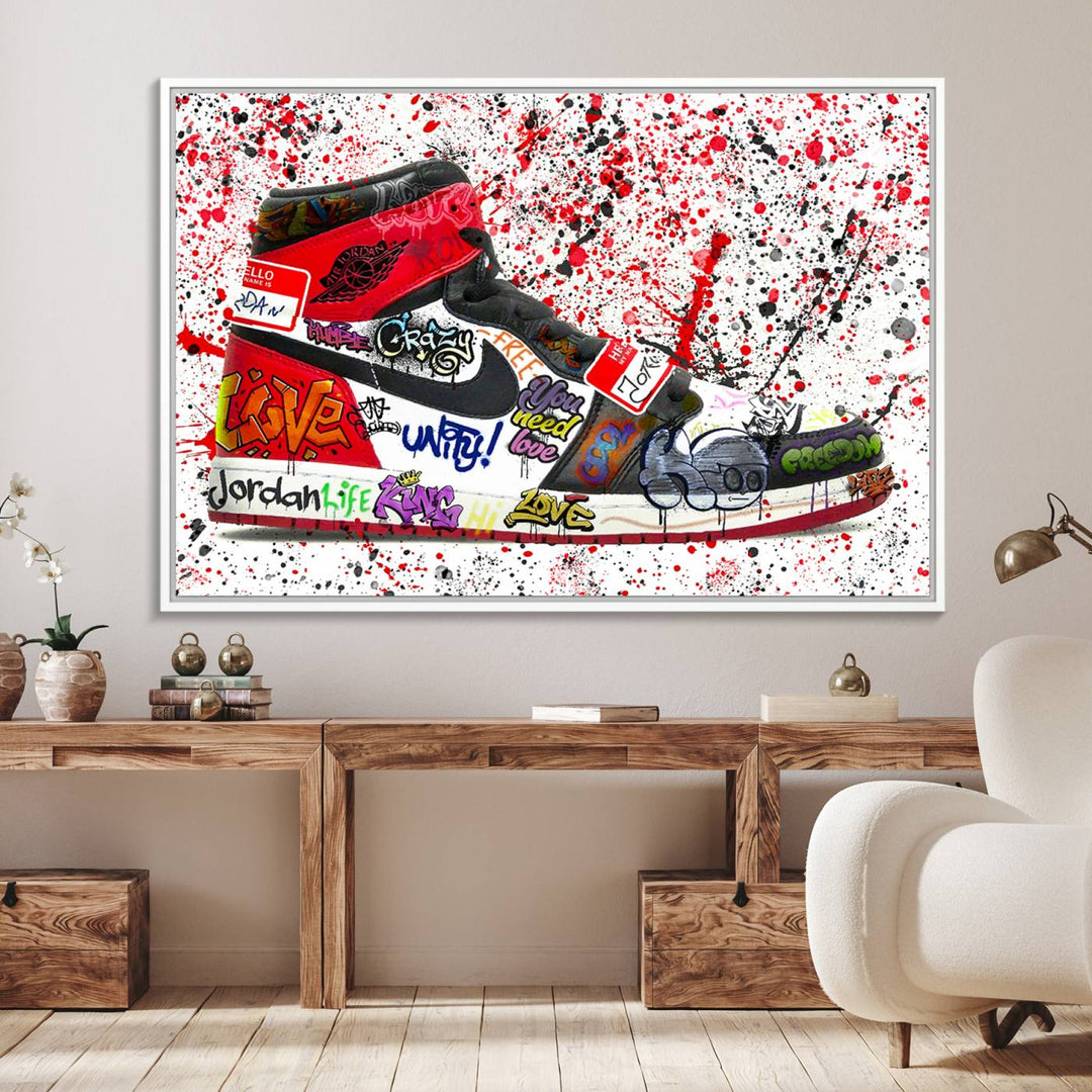 A Jordan Shoes Graffiti Canvas Print hangs prominently, perfect for sneakerheads and urban art lovers.