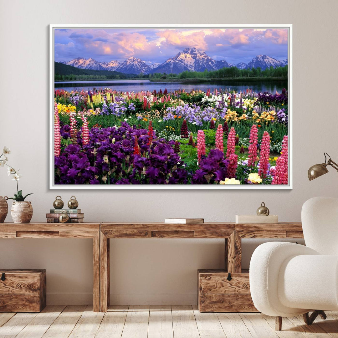 A Vibrant Wildflower Garden and Mountain View Giclee Print is displayed prominently on the wall.