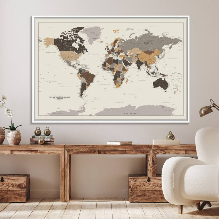 Antique-style world map canvas print with Not all those who wander are lost, perfect for vintage decor.