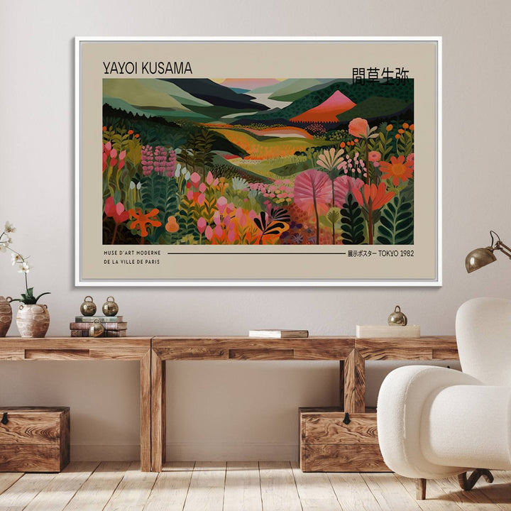 A Yayoi Kusama Landscape Canvas Print brightens the wall with vibrant floral and mountain art.