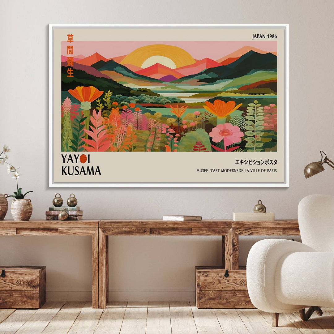 The Yayoi Kusama Landscape Canvas Print, featuring vibrant floral mountains and sunset scenery, enhances the room.