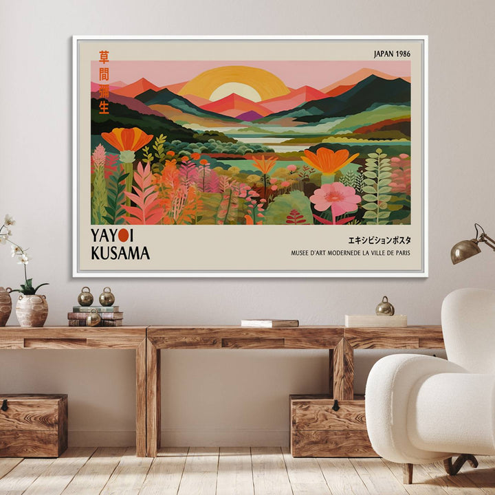 The Yayoi Kusama Landscape Canvas Print, featuring vibrant floral mountains and sunset scenery, enhances the room.