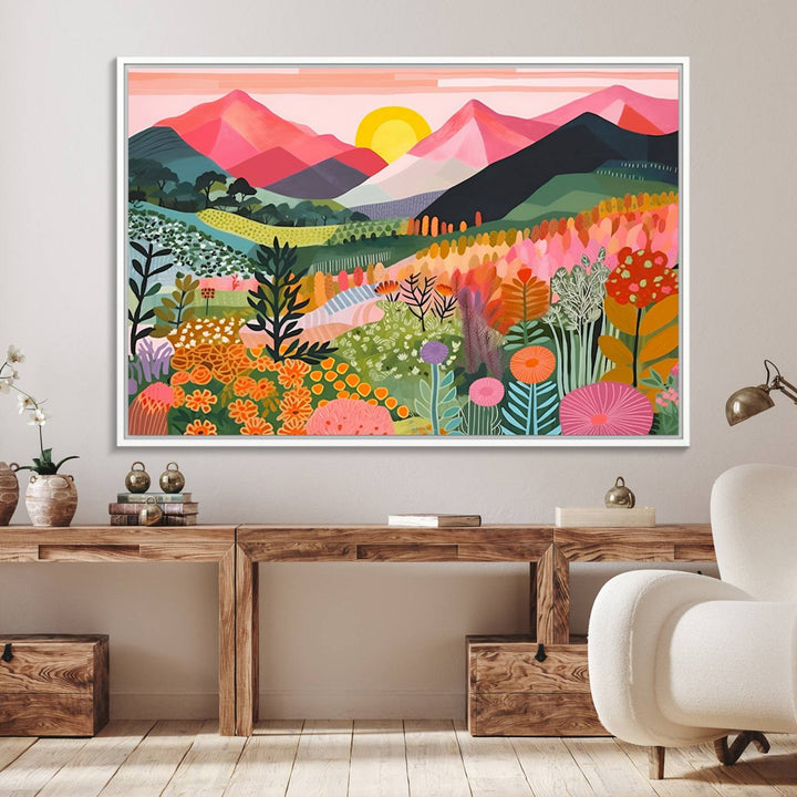 Vibrant abstract landscape canvas: Yayoi Kusama 1986 wall art print featuring mountains, sun, and flowers. Ready-to-hang.