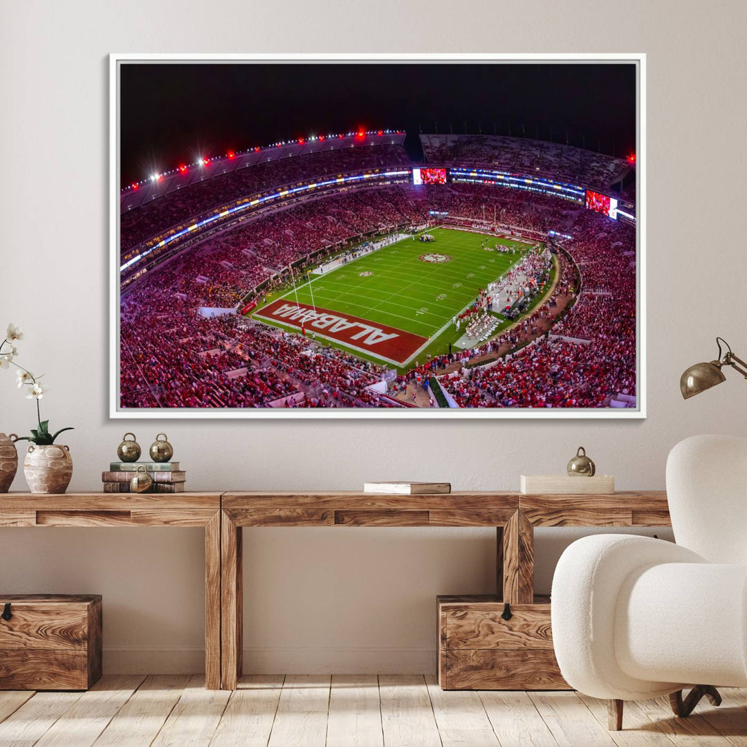 The living room features a Bryant-Denny Stadium Night Game Triple Canvas Wall Art.