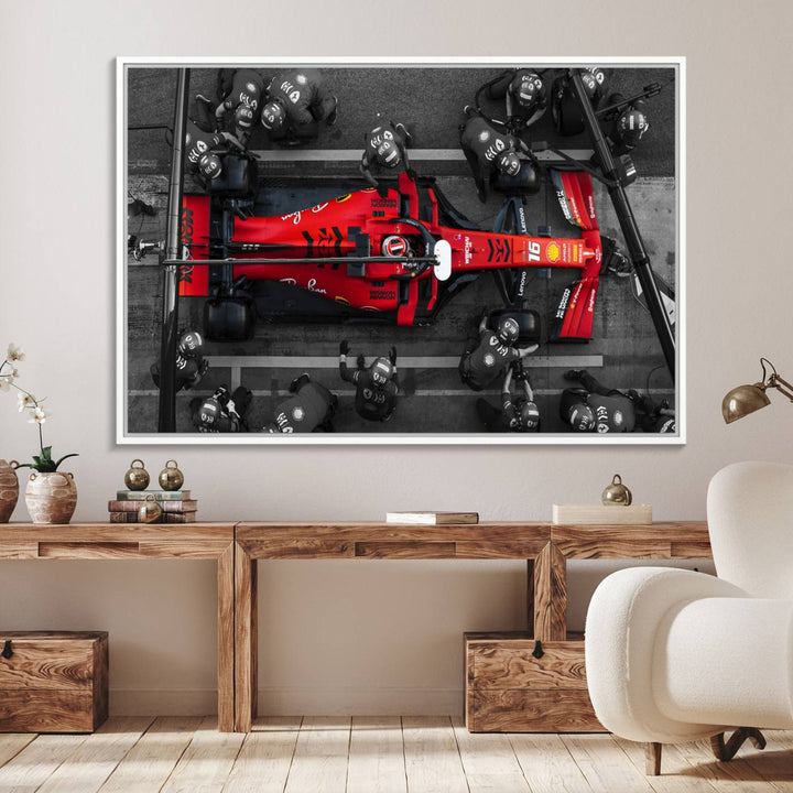 Ferrari Pit Stop Canvas Wall Art displayed prominently in the living room.