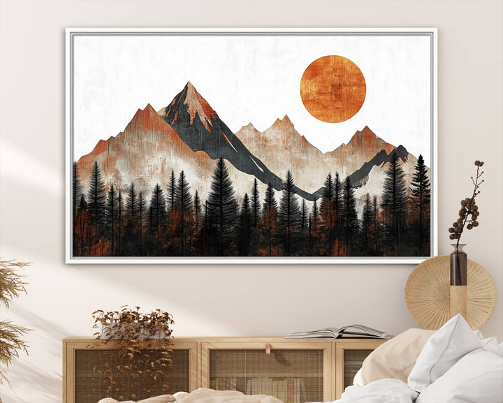 The "Modern Abstract Mountain Canvas Wall Art Print" in the living room features an abstract landscape of mountains, trees, and a warm-toned sun.