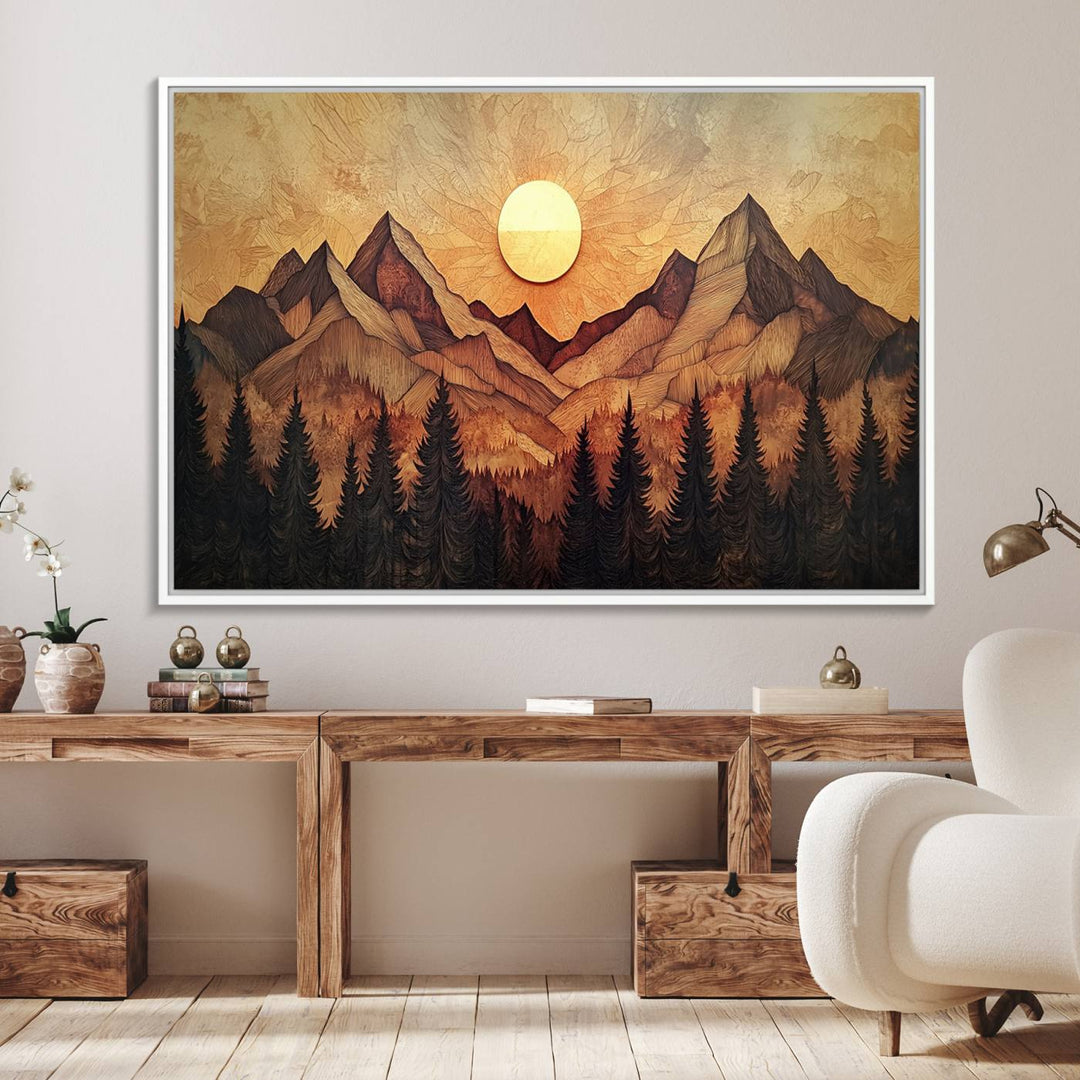 The dining area features a Wood Style Abstract Mountain Sunset canvas wall art print.