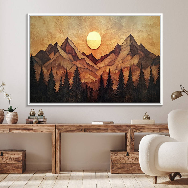 The dining area features a Wood Style Abstract Mountain Sunset canvas wall art print.