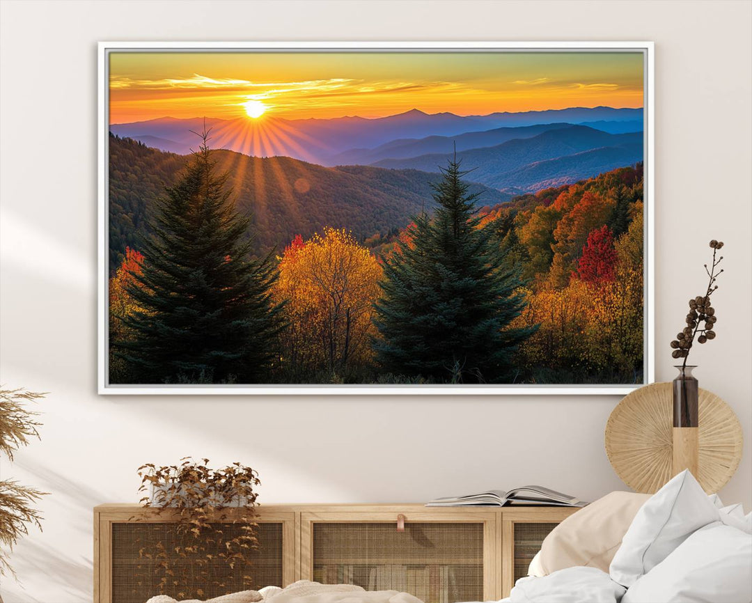 Golden Sunset Over Mountain Forest Canvas Wall Art Print - Warm Nature-Inspired Landscape for Living Room, Dining Room, or Office, Ready to Hang