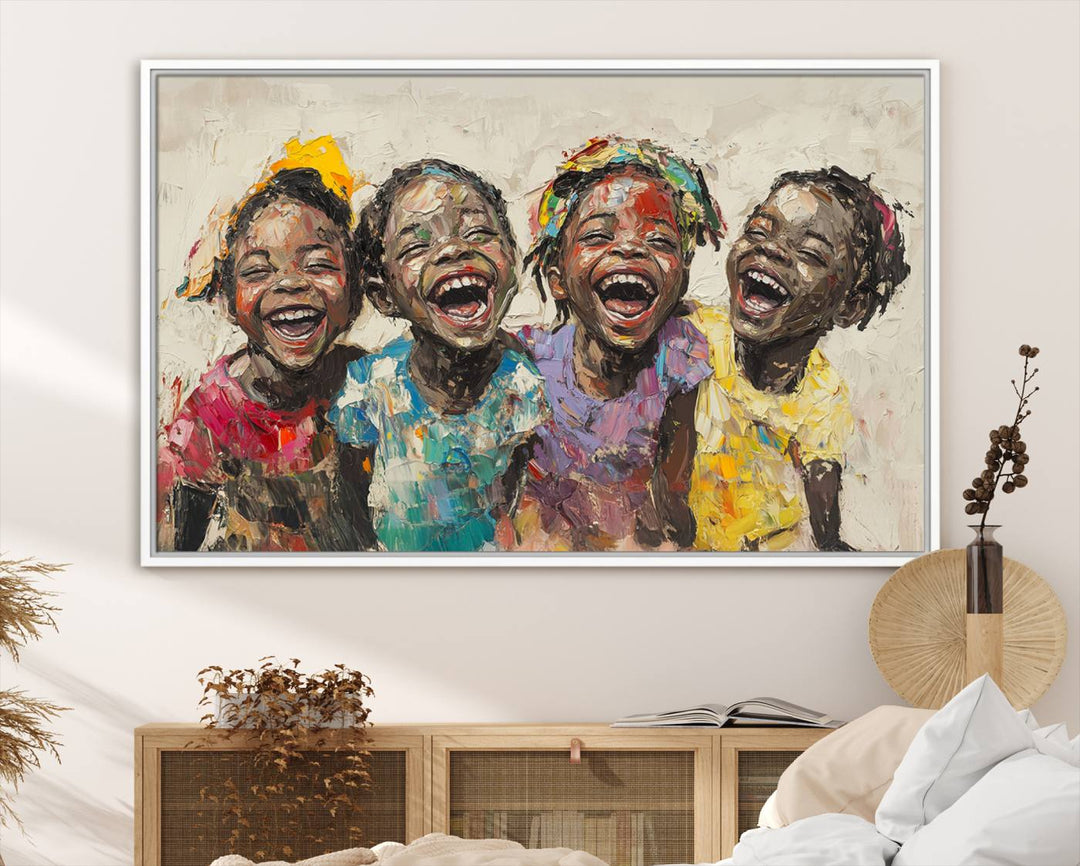 The Shai Yossef style "Joyful Childhood Canvas Wall Art" beautifully depicts an expressive impasto painting of three cheerful black children laughing, capturing the joyous essence of childhood.