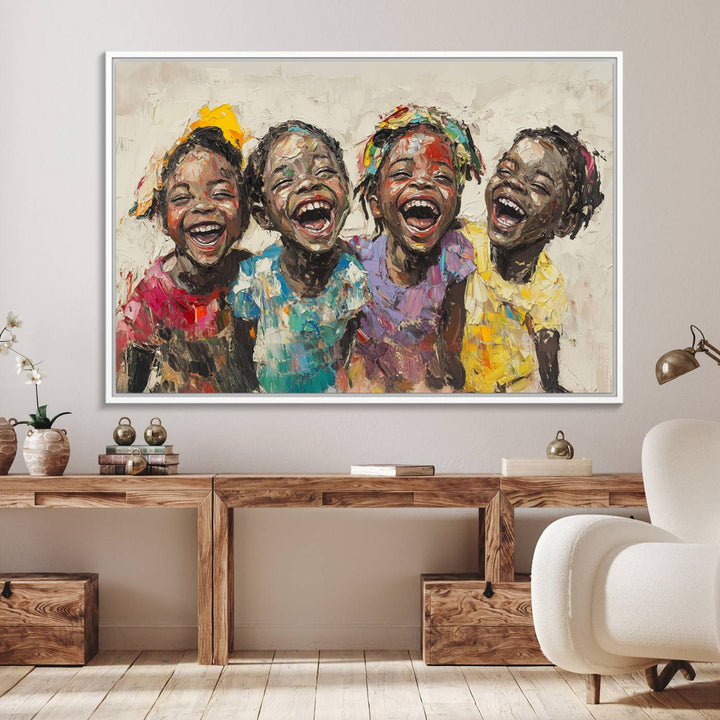 The Joyful Childhood Canvas Art by Shai Yossef, depicting kids laughing, is featured in the living room.