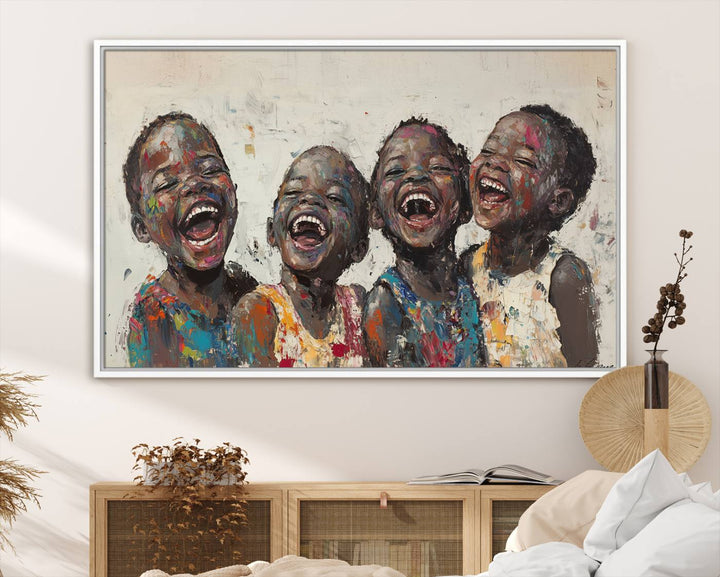 This Shai Yossef Print - Joyful Childhood Canvas Wall Art is an expressive impasto painting of laughing children. As framed abstract art for your living room, it adds a touch reminiscent of Shai Yossef's unique style to any living space.