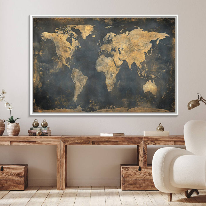 Grunge World Map Canvas Wall Art - Vintage Aged World Map with Golden Tones, Framed Artwork for Living Room, Office, or Study Decor