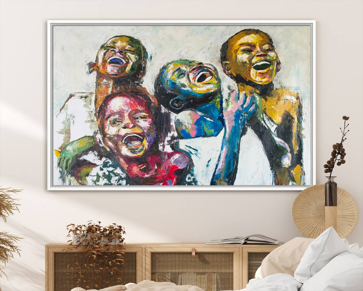 A multi-panel decor piece titled "Joyful African Black Kids" by Shai Yossef features a vibrant impasto painting of four children laughing and is elegantly displayed as premium canvas wall art.