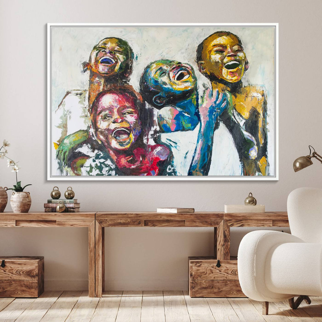 A vibrant Shai Yossef canvas art of joyful kids hangs prominently.