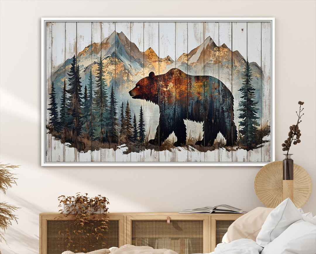 The Rustic Grizzly 399 Bear and Mountain Wood Canvas Wall Art elegantly depicts a majestic bear in a pine forest with mountain silhouettes, expertly framed on distressed wooden panels. This nature-inspired piece infuses charm and warmth, serving as perfect cabin wall decor.