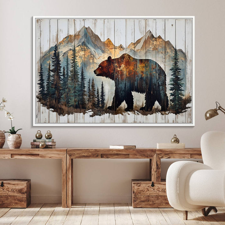 The living room features Rustic Grizzly 399 bear wall art, adding a cozy touch to the setup.