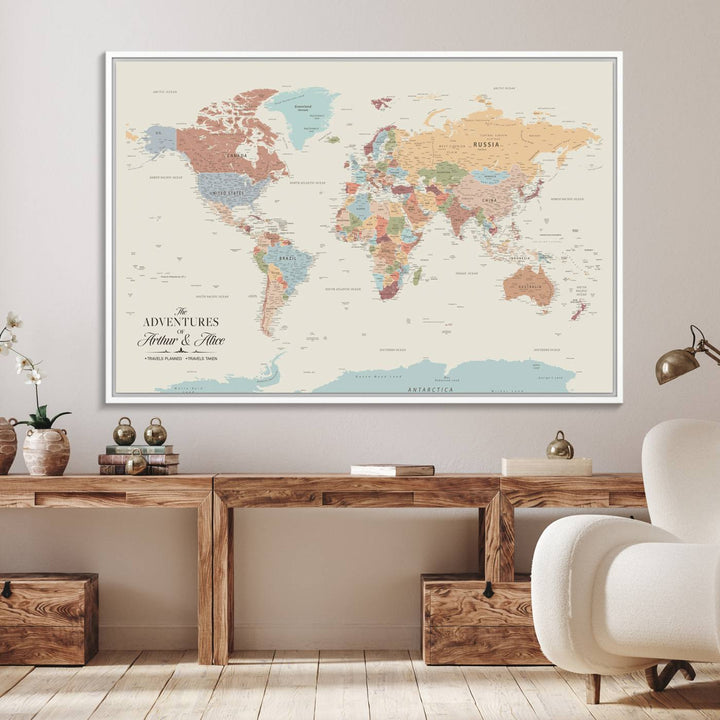 A large, colorful Custom World Map Canvas hangs on the light-colored wall.