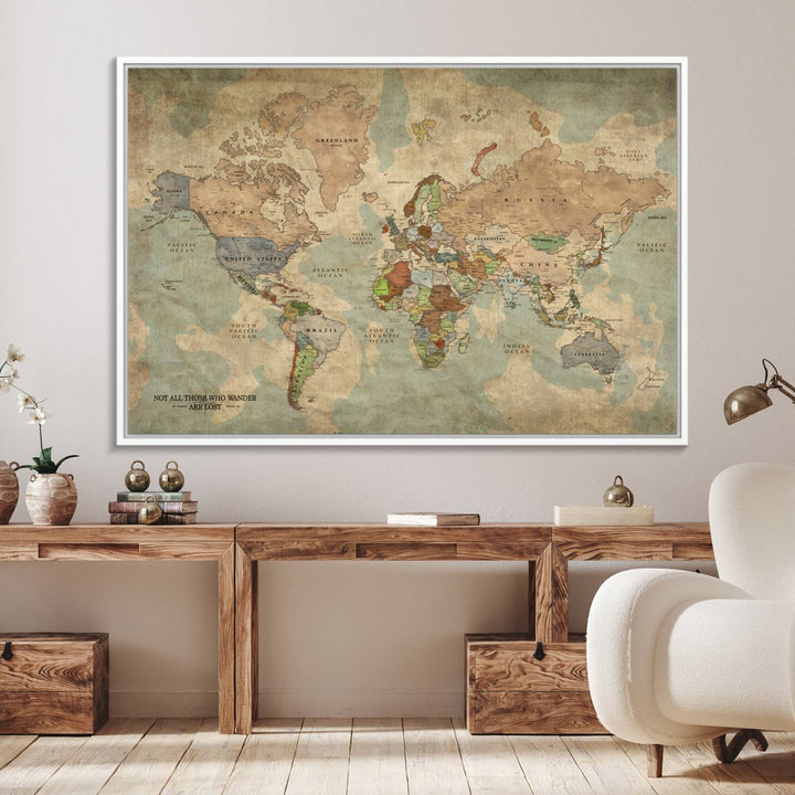 A Personalized World Map Canvas Print in vintage style enhances the setting with its artistic charm.