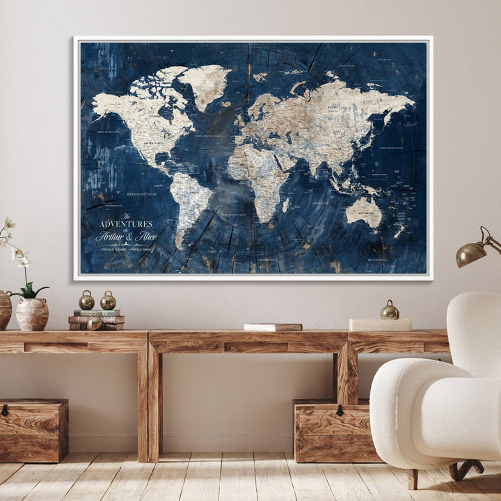 Personalized World Map Wall Art Print is displayed on a porch, with plants in the background.