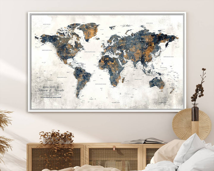 A smiling woman proudly holds the Personalized Push Pin Map Wall Art Print - Detailed Custom World Map Canvas Print in front of a white wall, perfect for travel enthusiasts eager to mark their adventures.