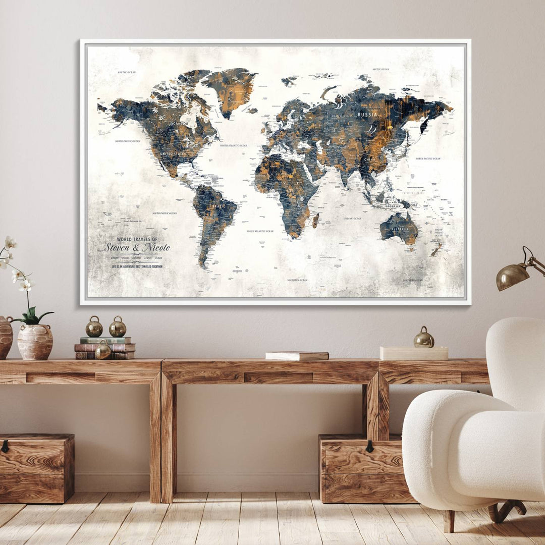 A Personalized Push Pin Map Wall Art Print is displayed in front of a house door.