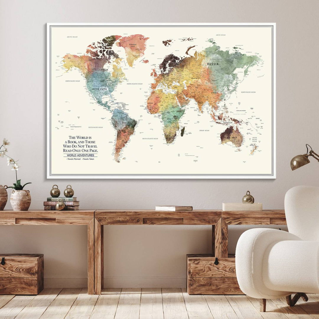 A colorful Personalized World Map Canvas Print, ideal as wall art for living room or office.