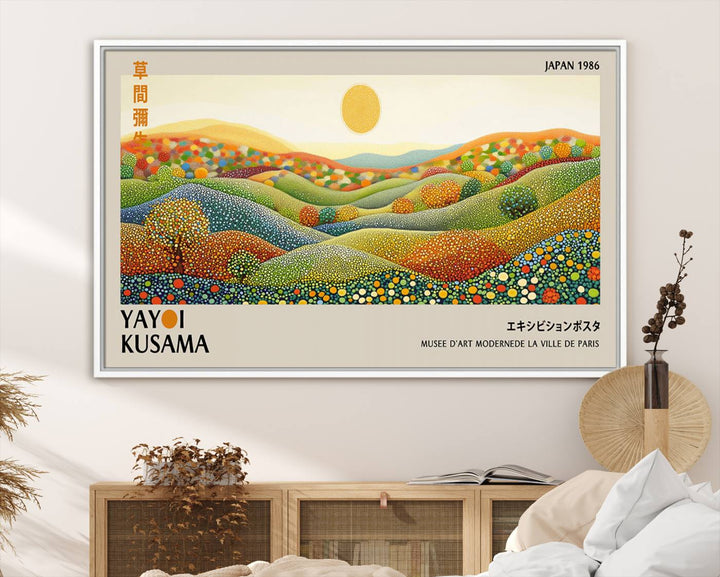 The Yayoi Kusama Wall Art Print – Wabi Sabi Japanese wall art features a vibrant abstract landscape design with dotted patterns and a bright yellow sun.