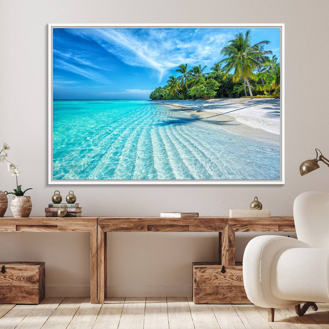 The Tropical Beach Wall Art Canvas Print features turquoise water and palm trees.