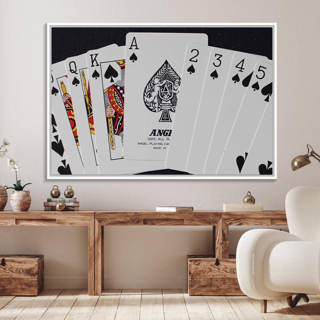 The oversized Poker Wall Art features the Ace of Spades and is displayed on a porch.