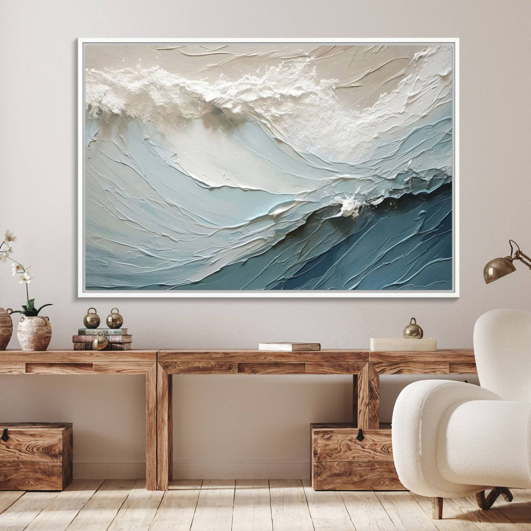 Waves Abstract Wall Art Print displayed on a porch with white siding.