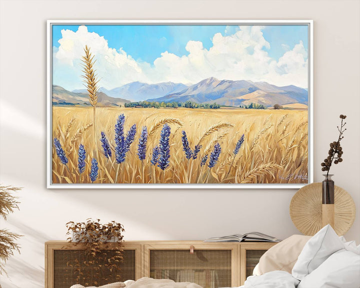 The Abstract Wheat Field Wall Art is a scenic landscape canvas print featuring golden wheat fields and lavender blooms, ideal for farmhouse or rustic decor.