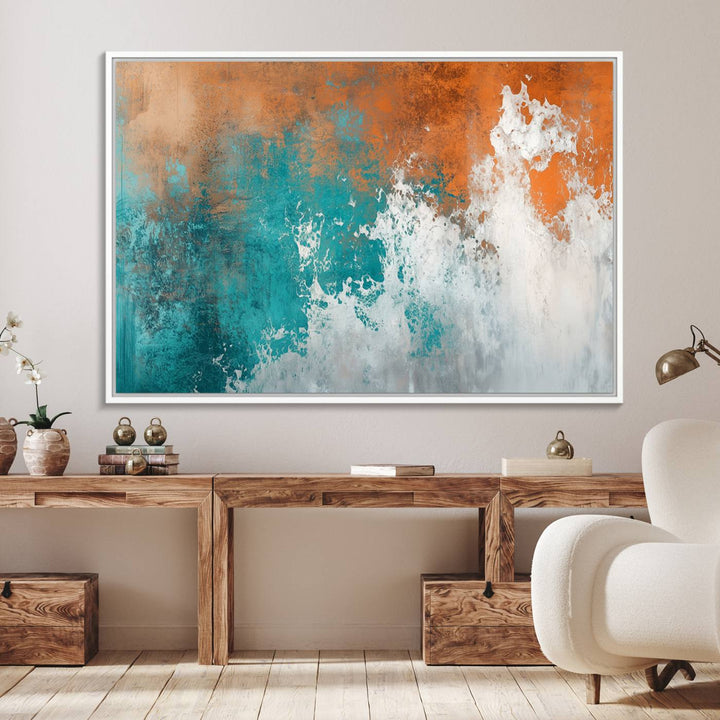 The Vintage Abstract Print - Bold Teal and Orange Canvas Wall Art is displayed on a porch.