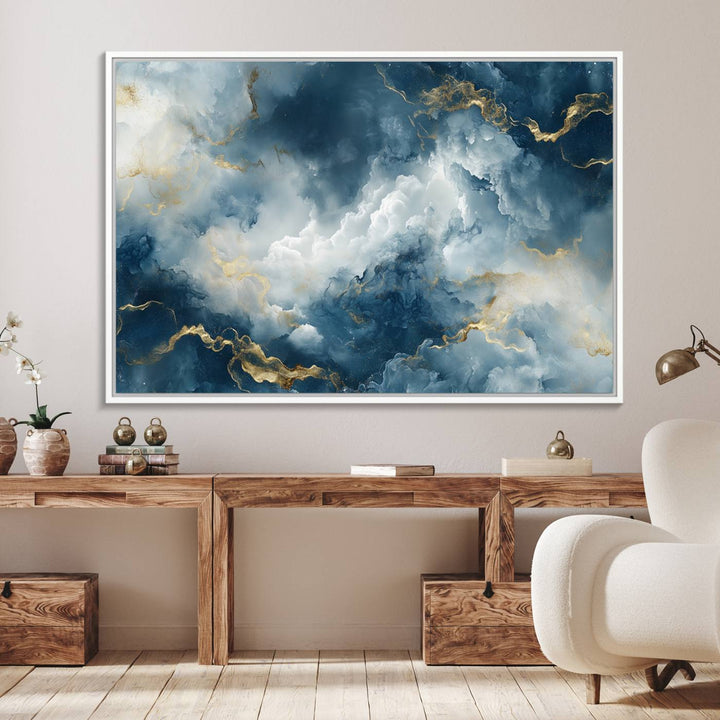 Luxe Blue and Gold Canvas Wall Art - a large abstract print.