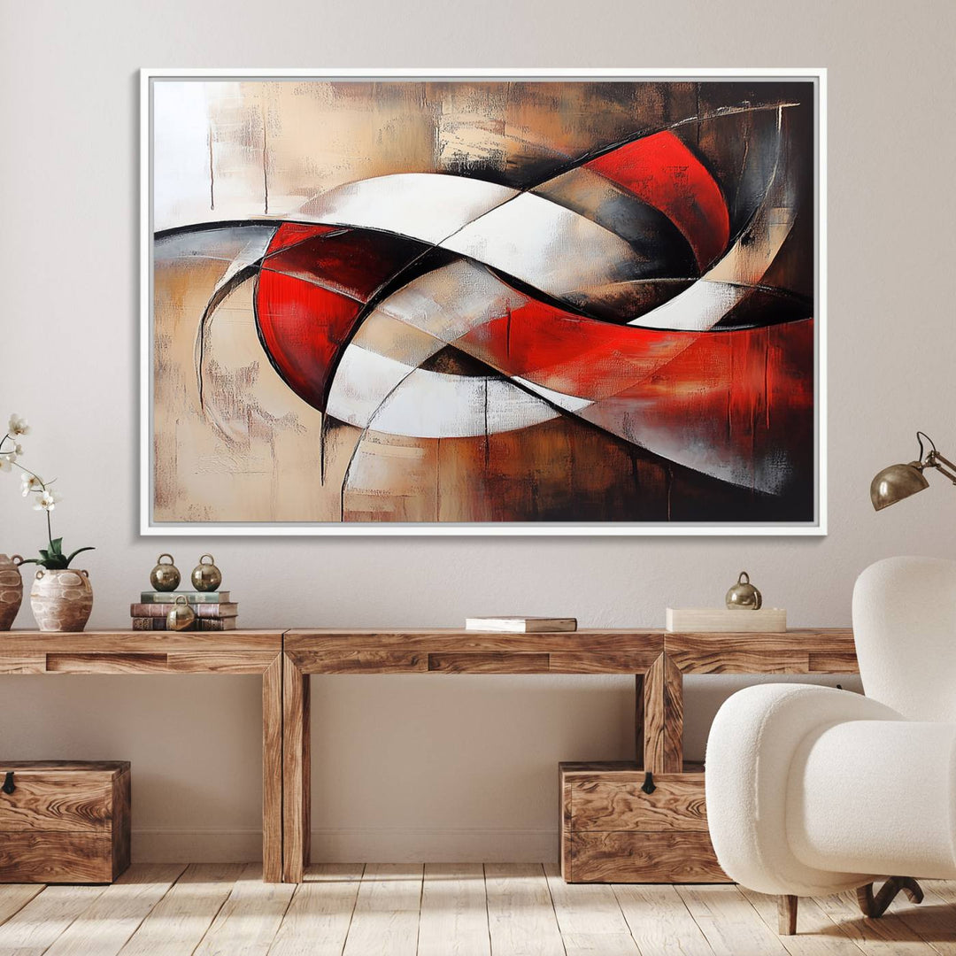 The Abstract Wall Art - Modern Red and White Canvas is displayed prominently in front of an entrance.