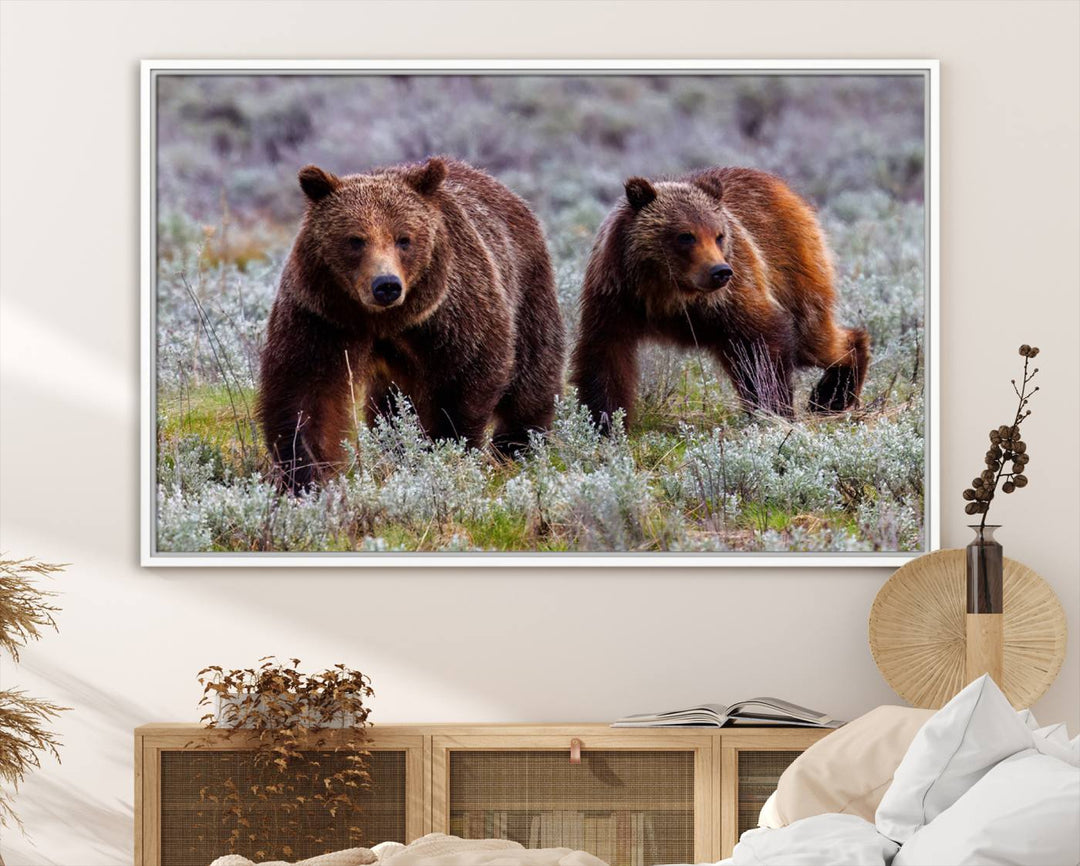 The "Grizzly 399 in Wild Flowers" wall art canvas print, showcasing grizzly bears amidst vibrant wildflowers, elegantly captures the enchanting essence of nature. This handmade piece from the USA brings striking beauty to any space.