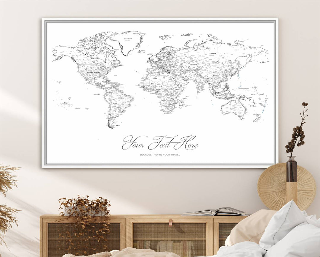 A large Framed Push Pin Mini World Travel Map Wall Art Print features customizable text and is designed as a premium cork pin board canvas with labeled countries for a gallery-quality finish.