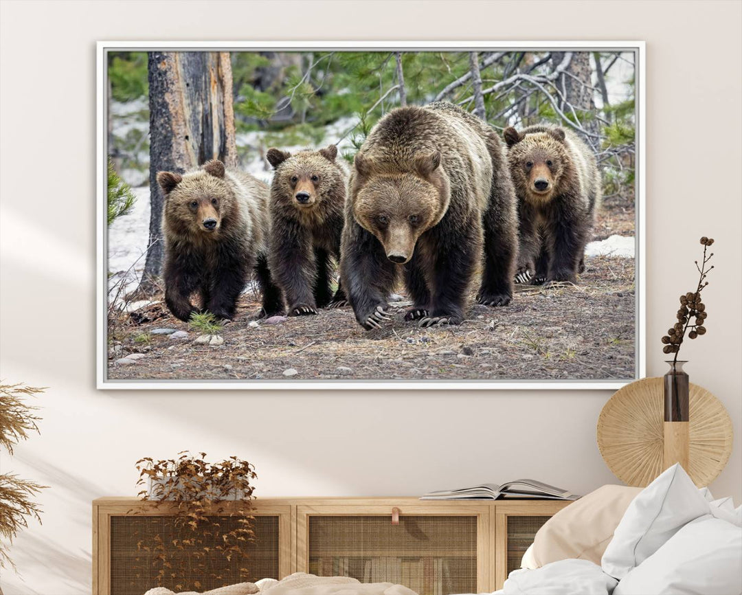 The wall art, a breathtaking canvas print titled "Queen of the Tetons," features 399 Grizzly Bear Cubs majestically captured in a forest setting. It is printed on premium canvas and handmade in the USA.