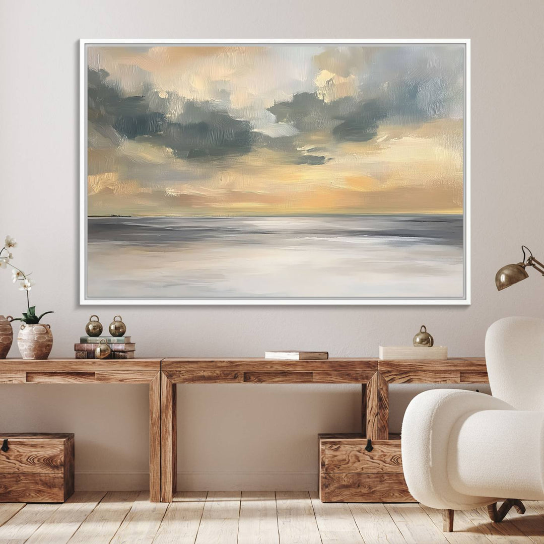 The Modern Coastal Wall Art Canvas Print features vibrant abstract ocean waves and clouds.