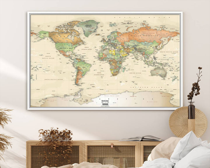 The Large Push Pin World Map Wall Art Canvas Print, with a gallery-quality finish, is carefully crafted on premium canvas and handmade in the USA. This piece adds a touch of elegance to any space.