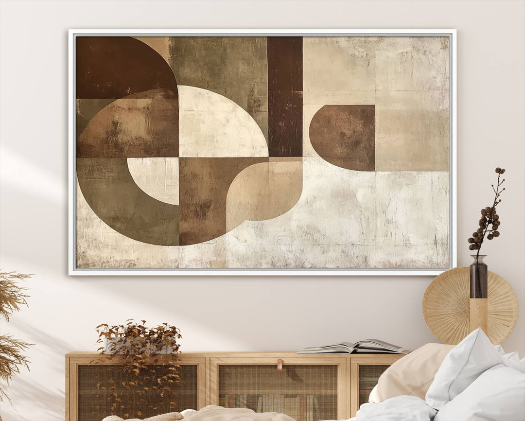 A Wabi Sabi Geometric Minimalist Wall Art Canvas Print—with a modern abstract geometric design in brown and beige tones—stands proudly in front of a house.