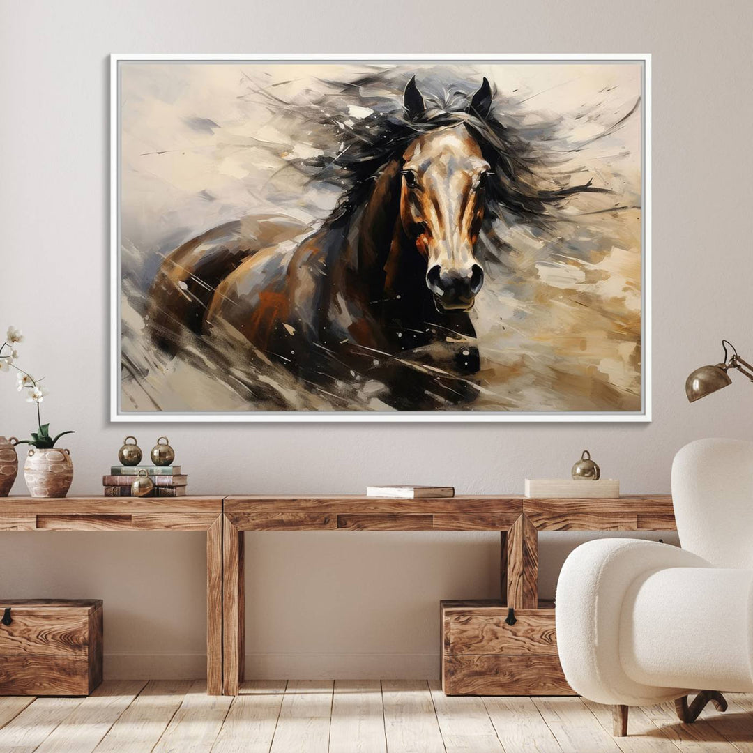 The Abstract Wall Art Horse Print adds rustic charm.